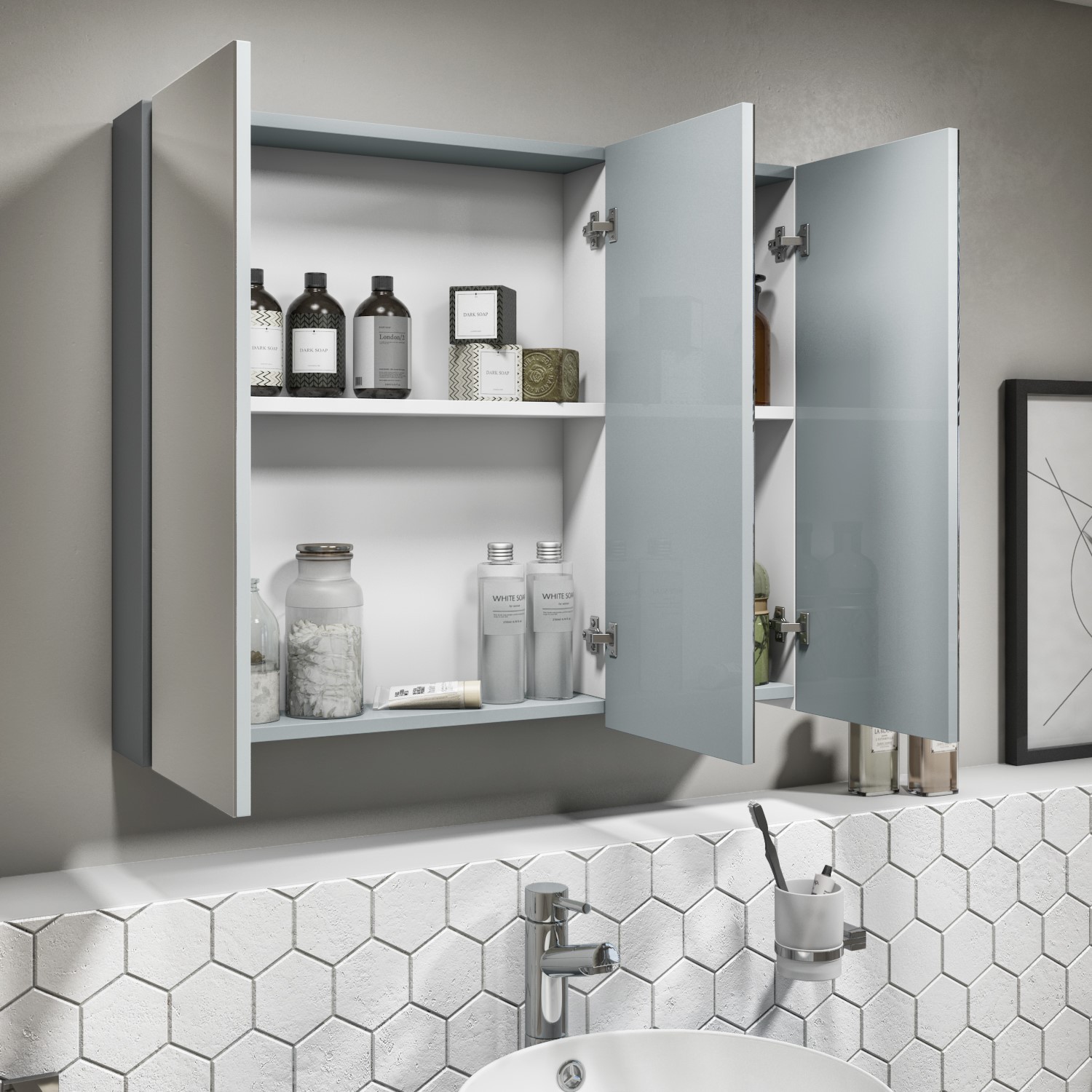 800mm Wall Hung Mirrored 3 Door Cabinet Gloss Light Grey Portland Better Bathrooms 800mm Wall Hung Mirrored 3 Door Cabinet Gloss Light Grey Portland Better Bathrooms