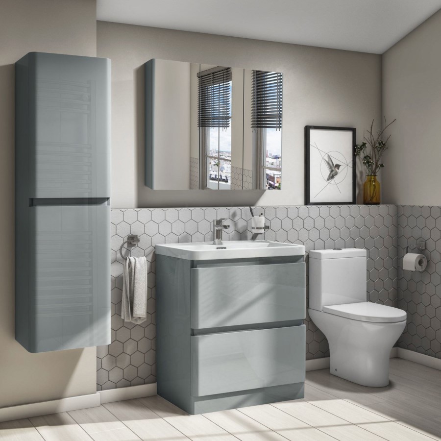 GRADE A1 - 800mm Wall Hung Mirrored 3 Door Cabinet Gloss Light Grey - Portland