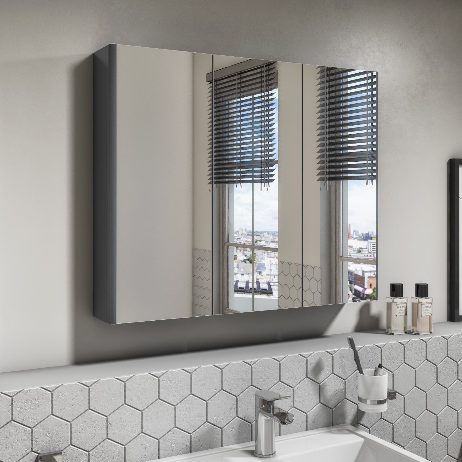 800mm Dark Grey Gloss Wall Hung Mirrored 3 Door Bathroom Cabinet Portland Better Bathrooms - Wall Mounted Bathroom Cabinets Mirror
