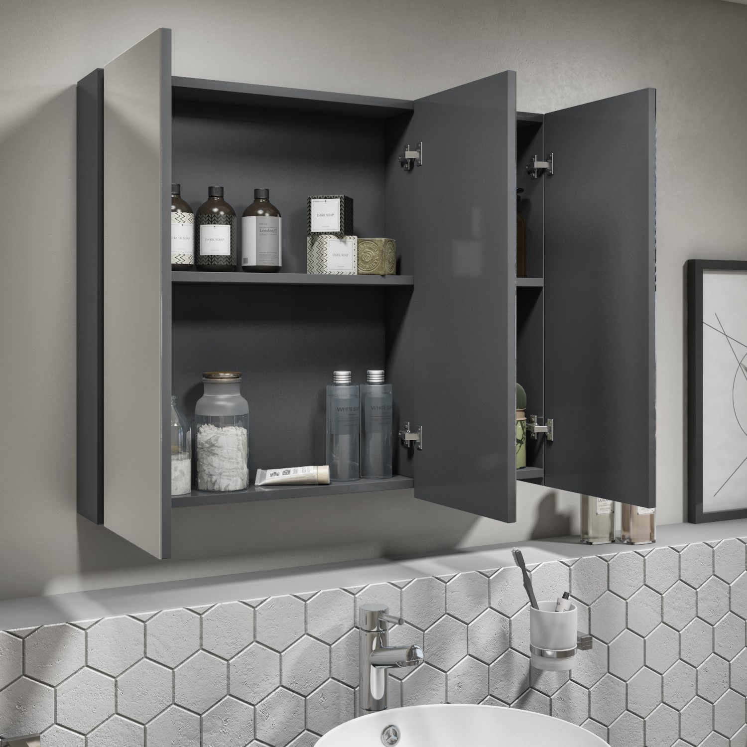 800mm Dark Grey Gloss Wall Hung Mirrored 3 Door Bathroom Cabinet