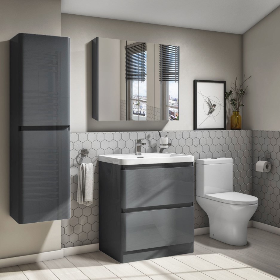 800mm Dark Grey Gloss Wall Hung Mirrored 3 Door Bathroom Portland Better Bathrooms