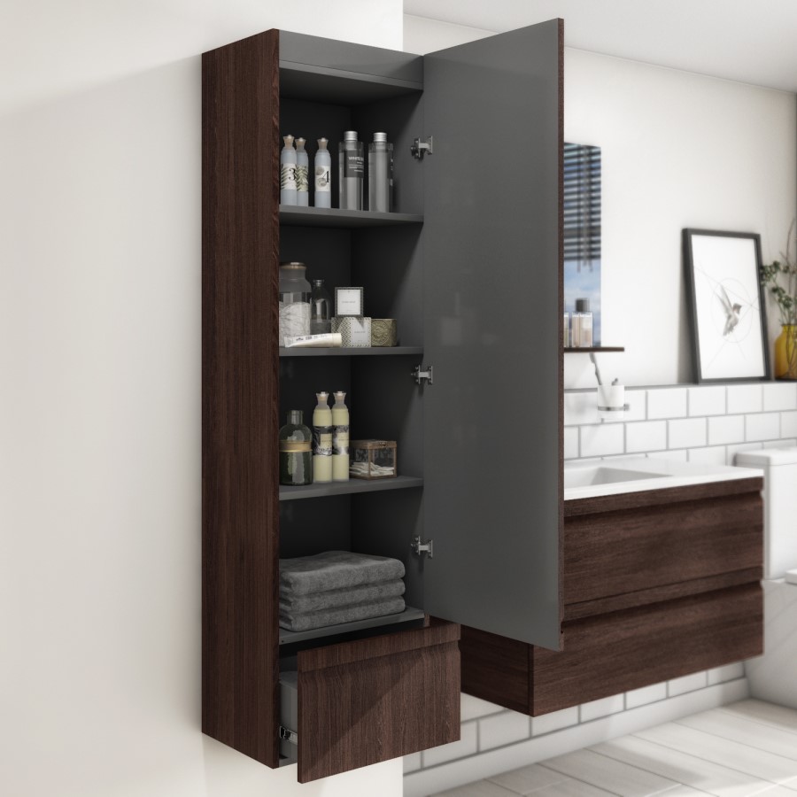 Single Door Dark Wood Effect Wall Mounted Tall Bathroom Cabinet 400mm x 1450mm - Boston