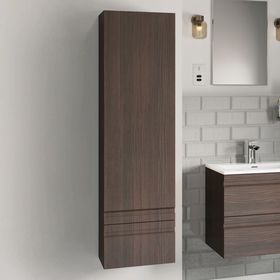 Single Door Dark Wood Effect Wall Mounted Tall Bathroom Cabinet 400mm x 1450mm - Boston