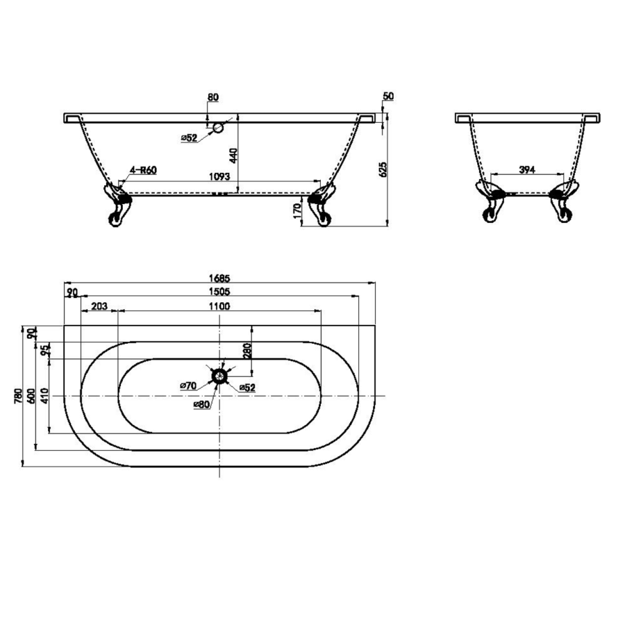 Park Royal Back to Wall Traditional Bath with Claw Feet - 1685 x 780mm