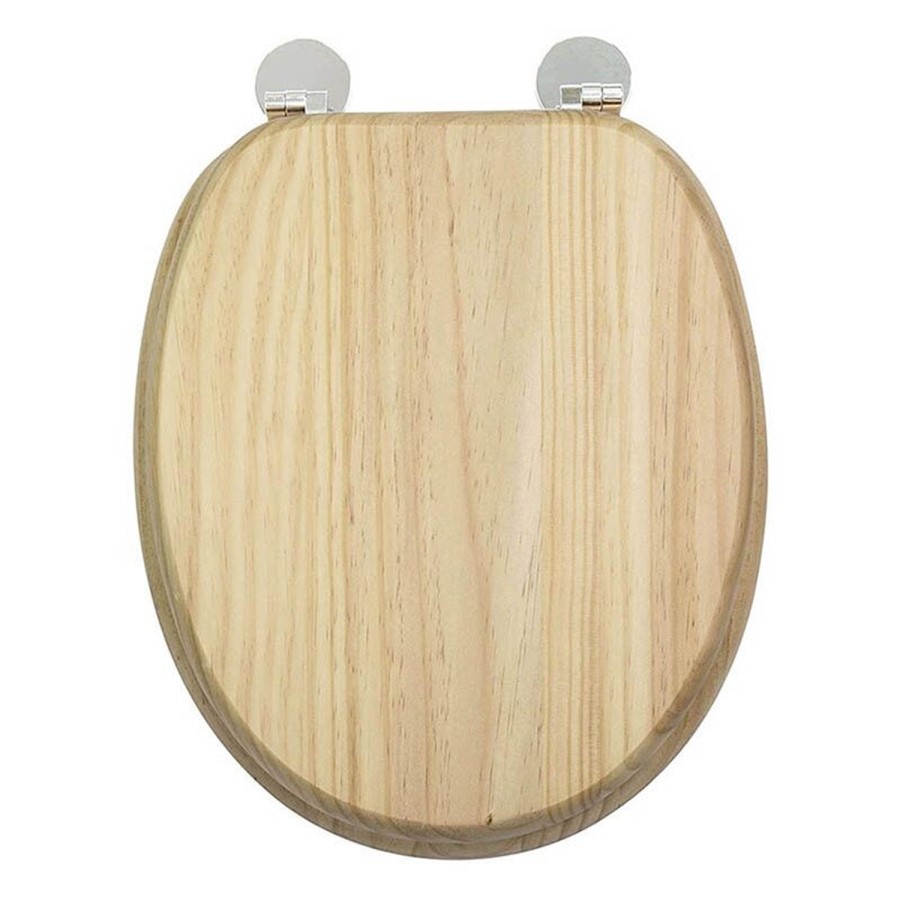 Solid Blonded Pine Round Toilet Seat with Non Slip And Chrome Hinges - Croydex Flexi Fix Davos