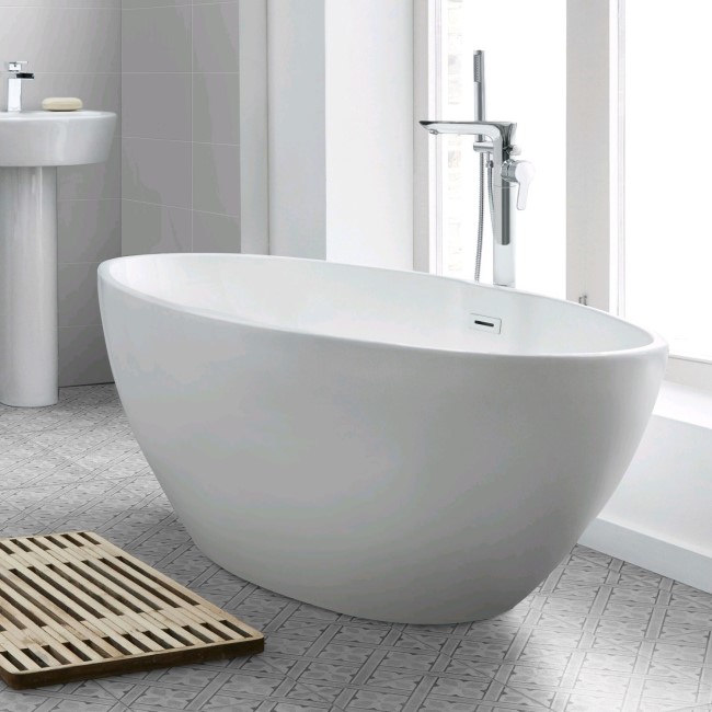 Alvor Matt White Oval Double Ended Freestanding Bath Chrome Waste & Overflow - 1500 x 720mm