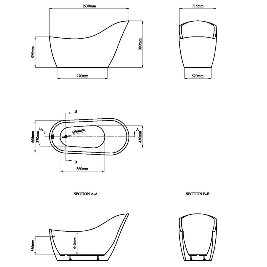 GRADE A2 - Newport Freestanding Bath Single Ended Slipper - 1530 x 715mm