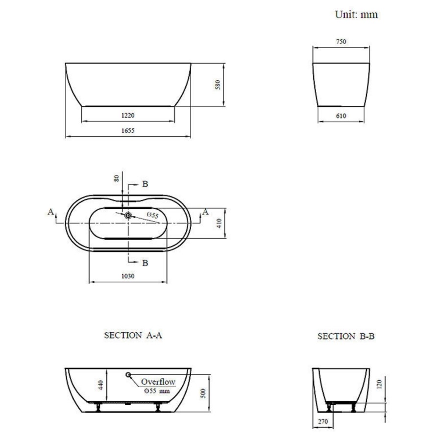 Grey Freestanding Double Ended Bath 1655 x 750mm - Lisbon