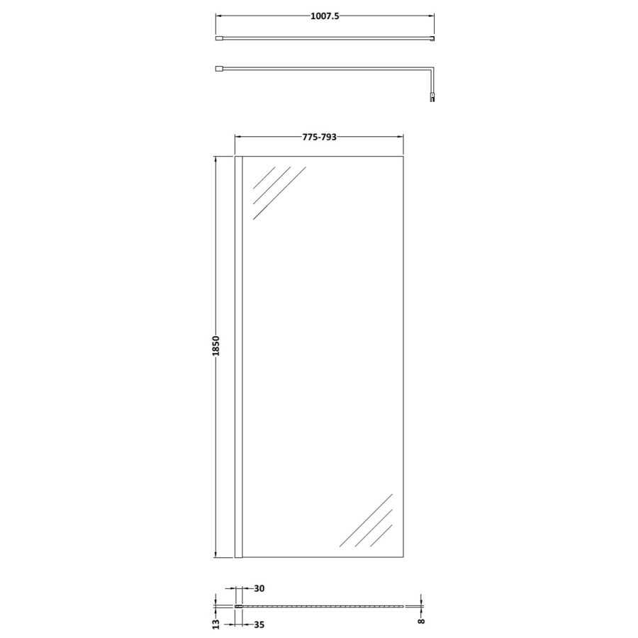 Wetroom Screen with Support Bar 800mm - 8mm Glass