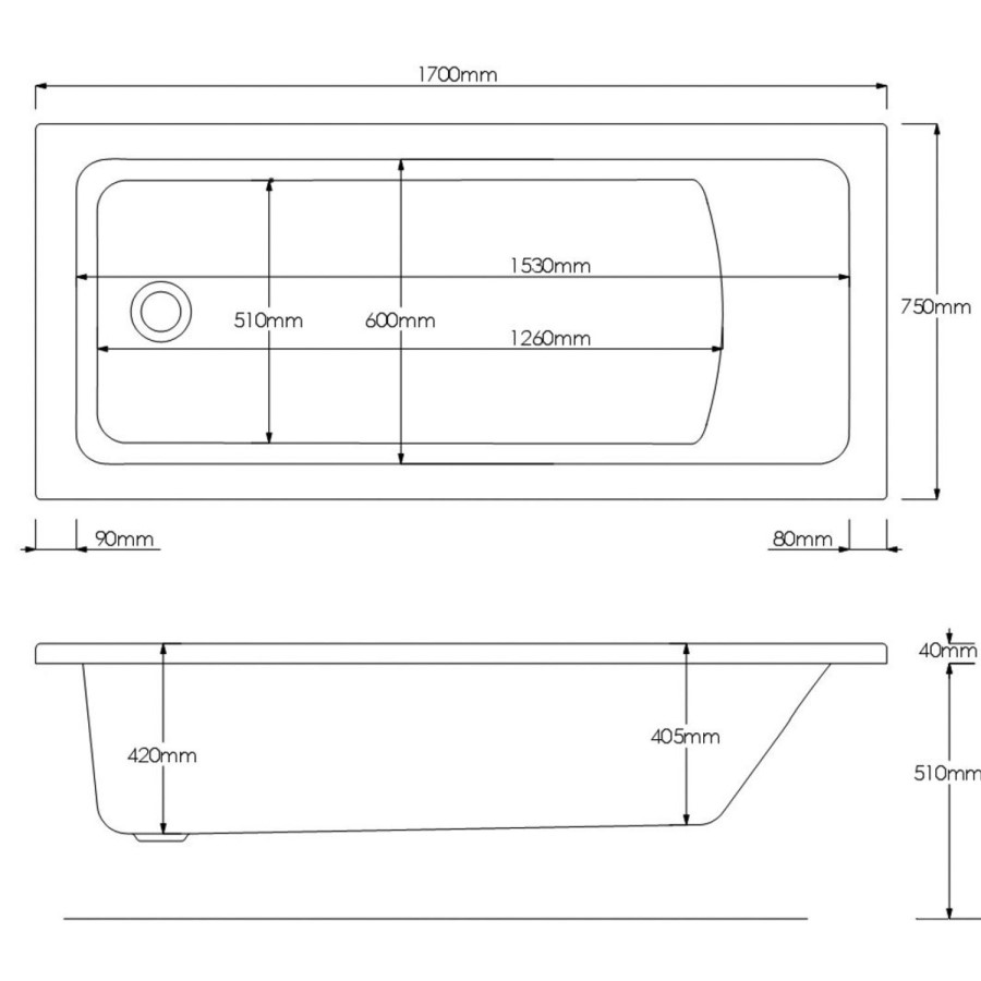 1700 x 750 Rutland Single Ended Square Bath with Front Panel and Saturn Hinged 1450mm 6mm Chrome Bath Screen