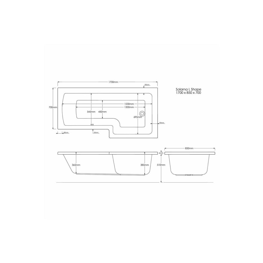GRADE A2 - Lomax Left Hand L Shape Shower Bath - 1700 x 850mm