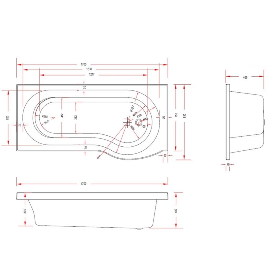P Shape Shower Bath Right Hand with Front Panel & Chrome Bath Screen 1700 x 850mm - Portland