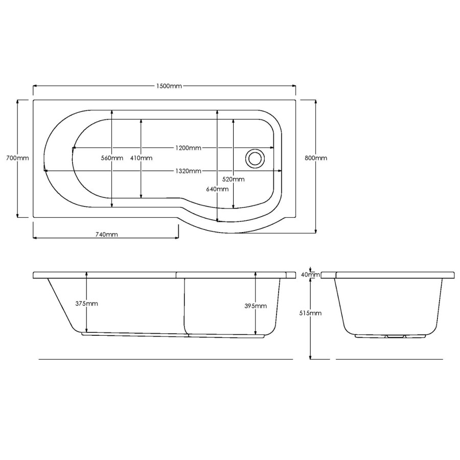 P Shape Shower Bath Right Hand 1500 x 800mm - Portland