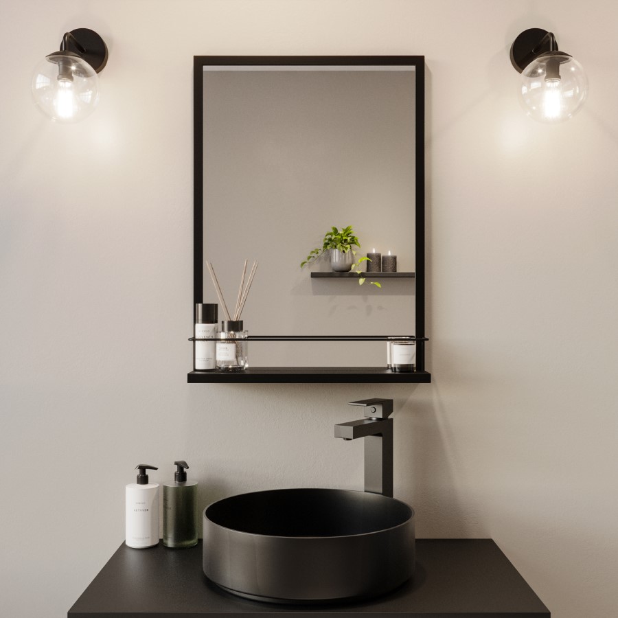 ONLY OPENED - 500 x 700mm Rectangle Black Frame Mirror with Shelf - Iona