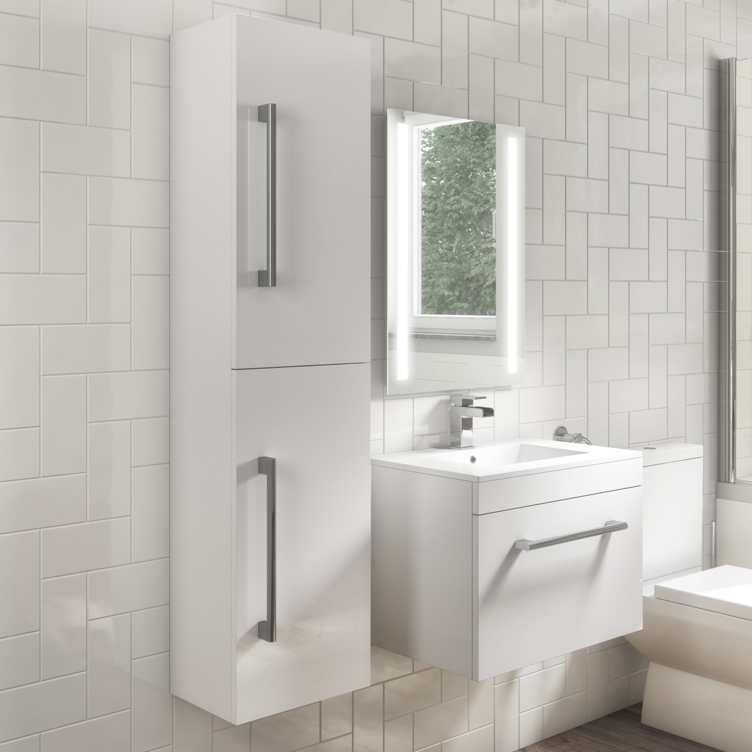 1400mm Wall Hung Tall Boy Bathroom Cabinet White Ashford