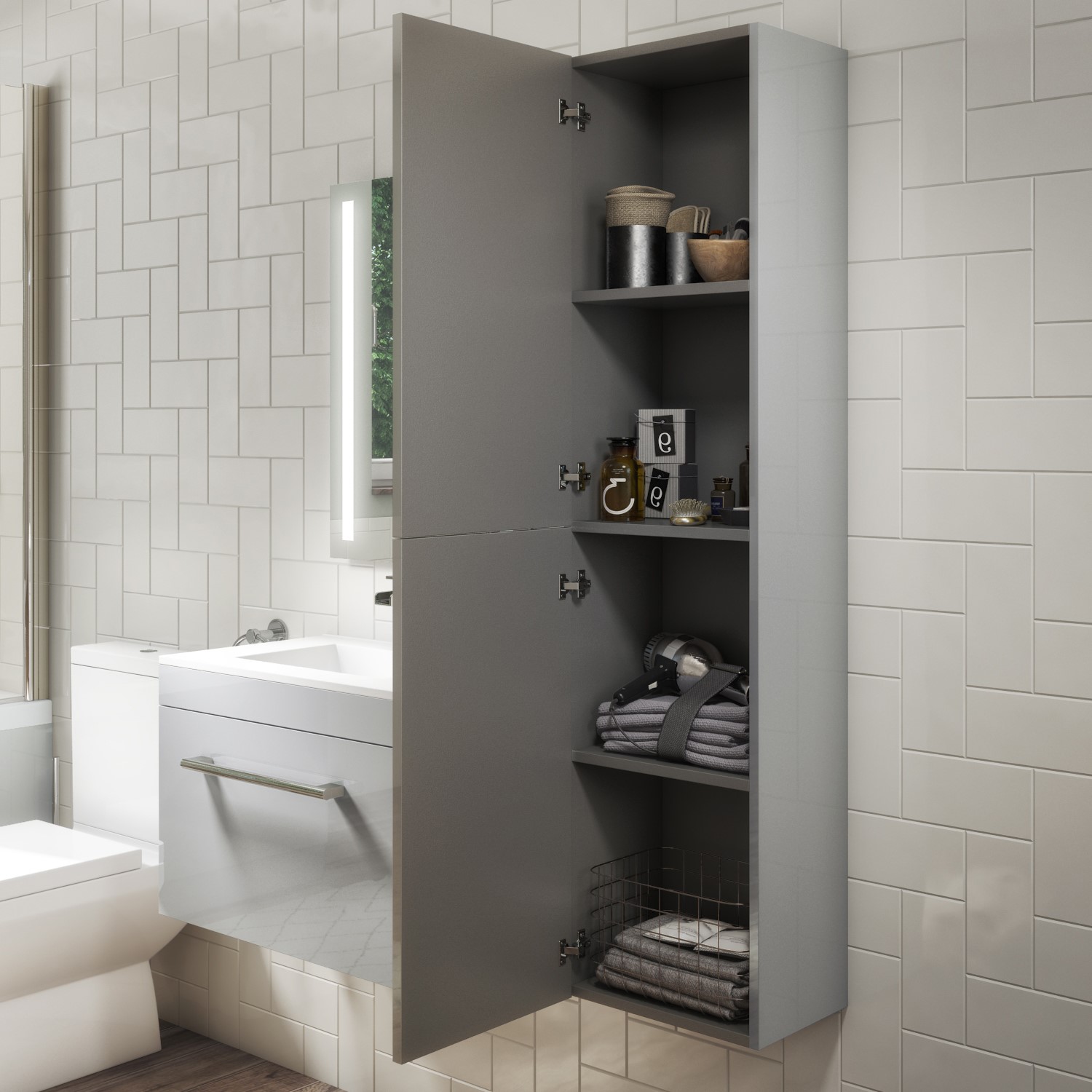 1400mm Wall Hung Tall Boy Bathroom Cabinet Grey Ashford