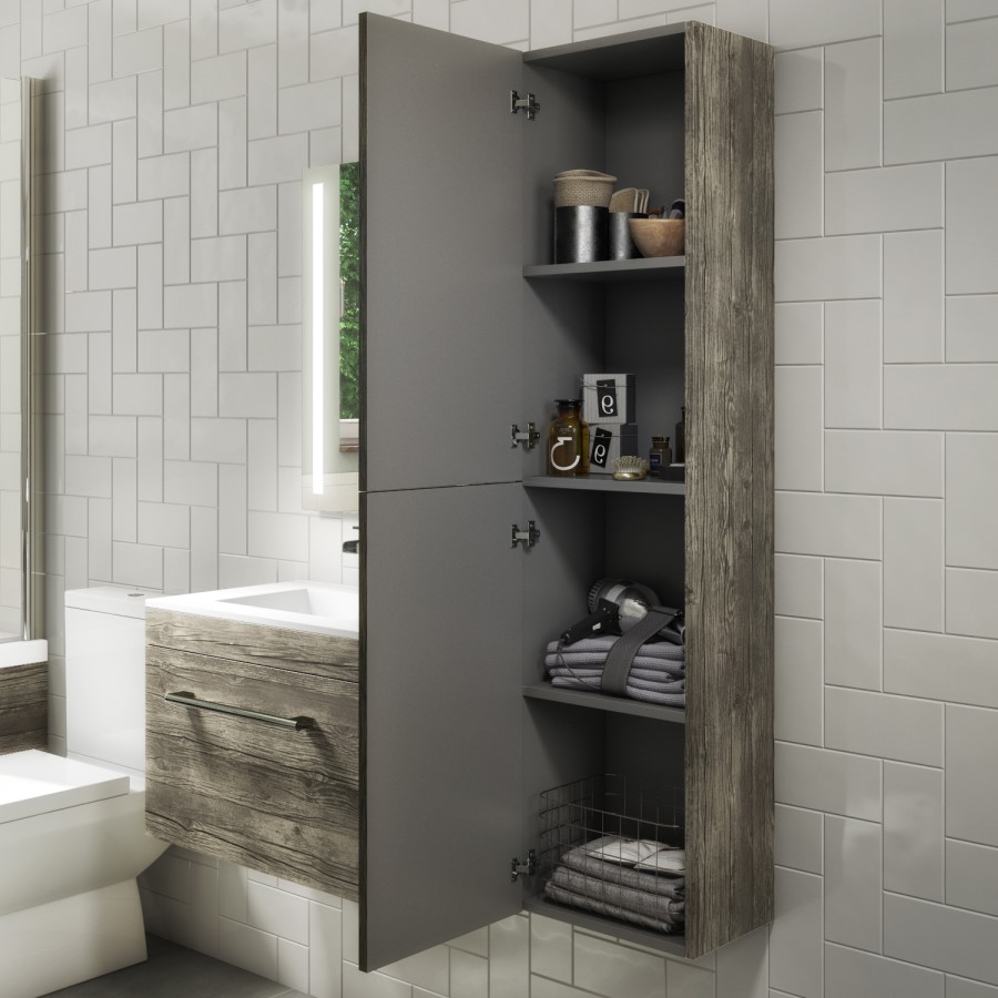 GRADE A1 - 1400mm Wall Hung Tall Boy Bathroom Cabinet - Grey Wood Effect - Ashford