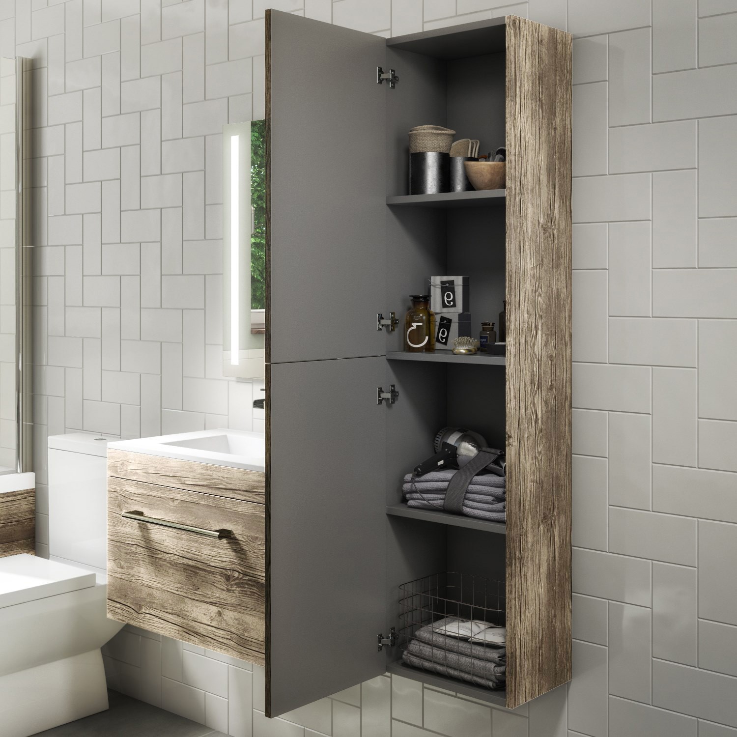 1400mm Wall Hung Tall Boy Bathroom Cabinet Grey Wood Effect Ashford Better Bathrooms