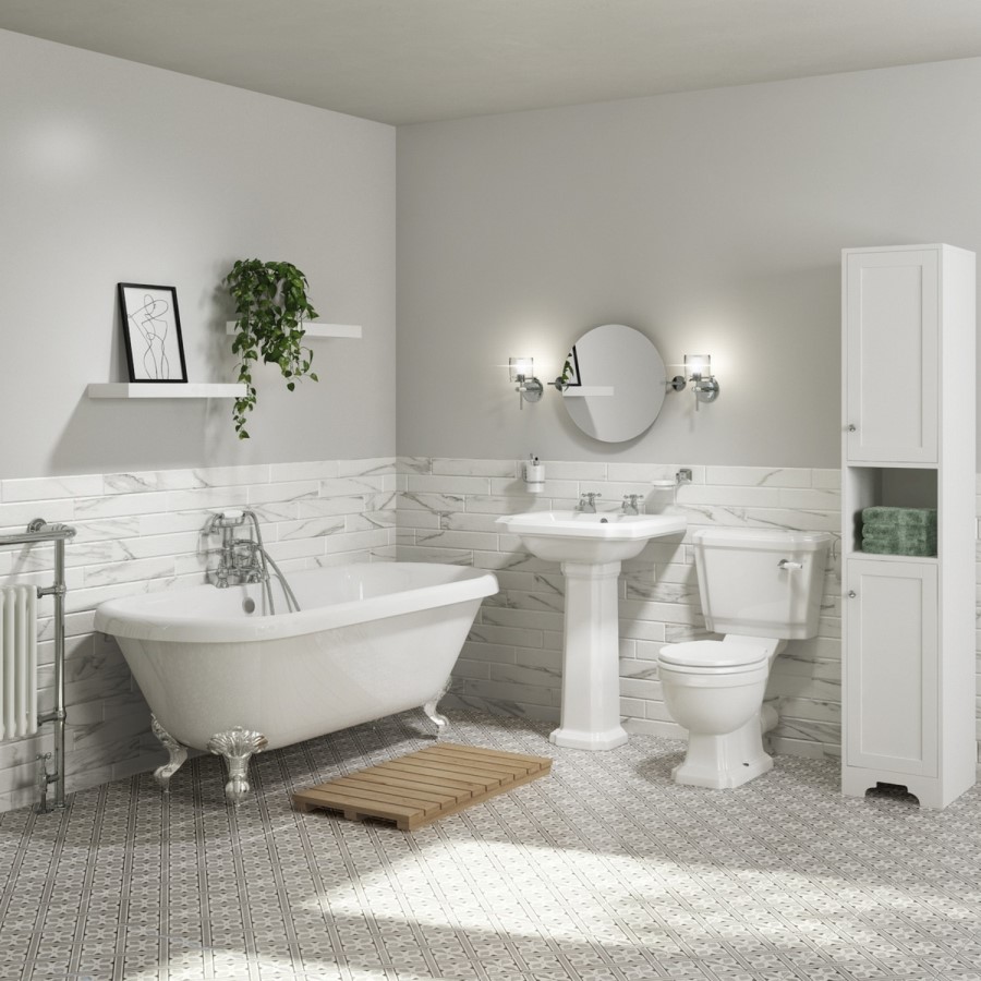 GRADE A1 - Traditional Tall Boy Bathroom Cabinet - Doors & Shelves - Matt White - Baxenden