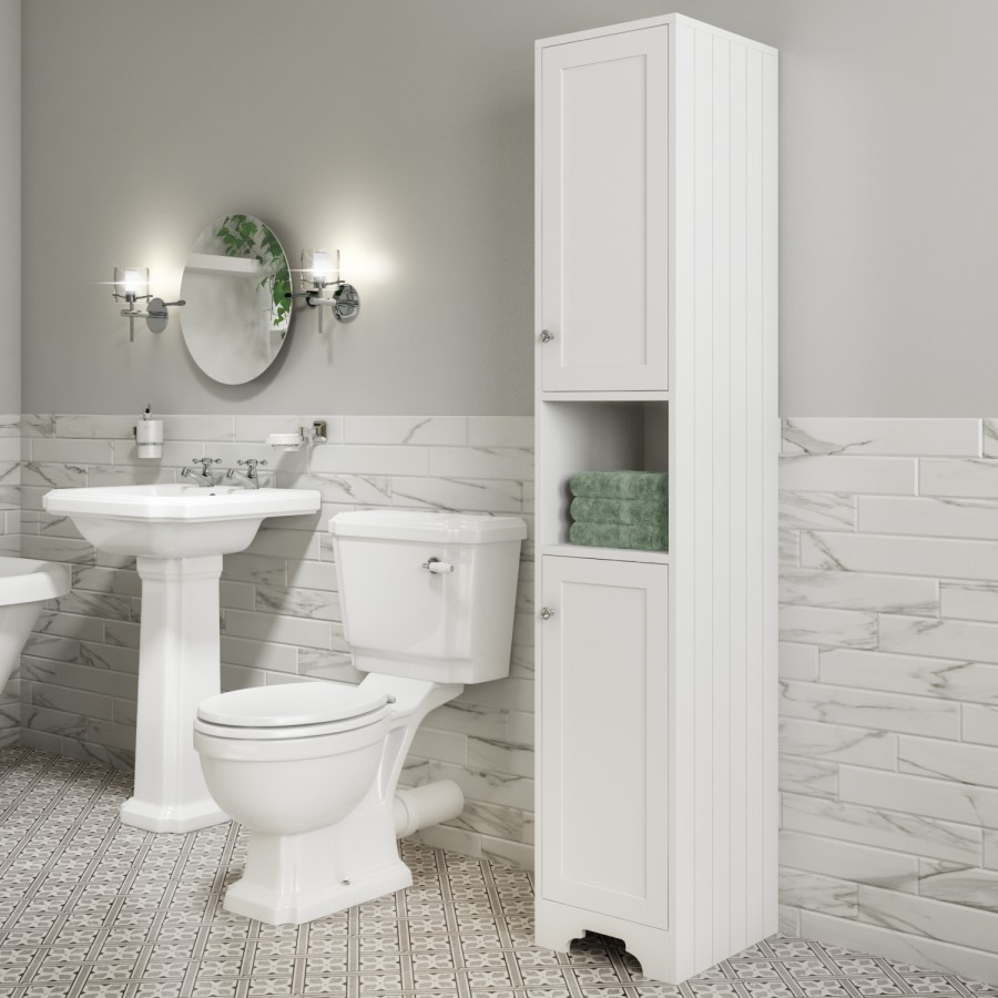 GRADE A1 - Traditional Tall Boy Bathroom Cabinet - Doors & Shelves - Matt White - Baxenden
