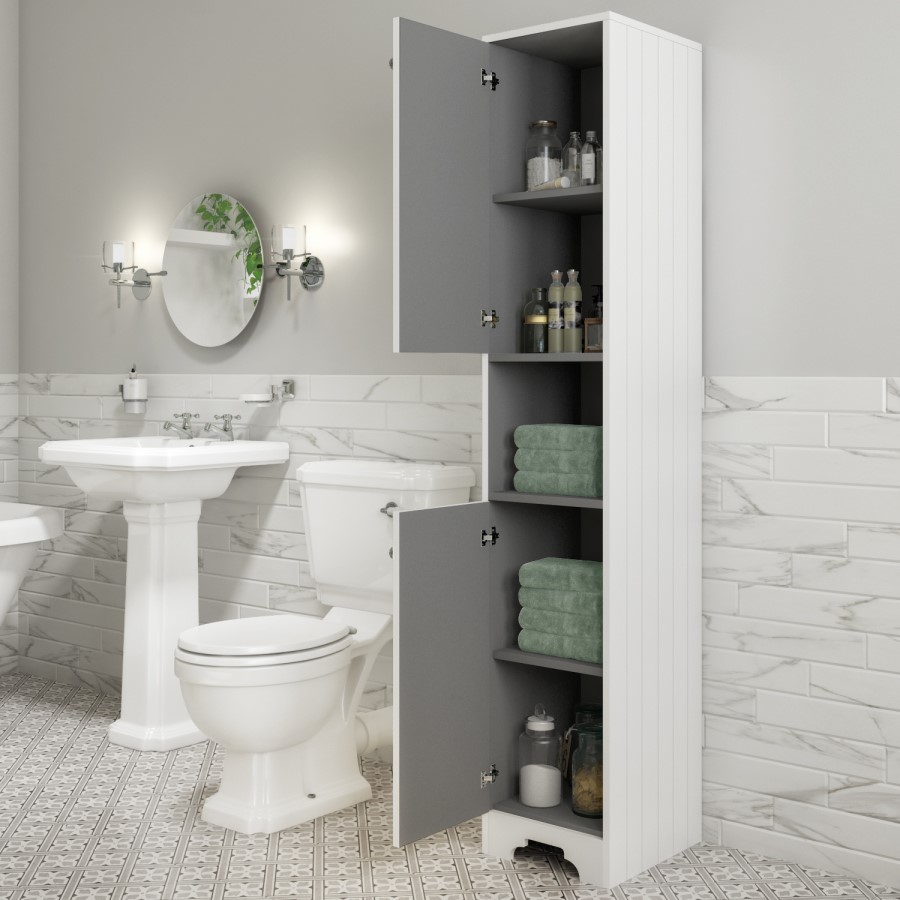 GRADE A1 - Traditional Tall Boy Bathroom Cabinet - Doors & Shelves - Matt White - Baxenden