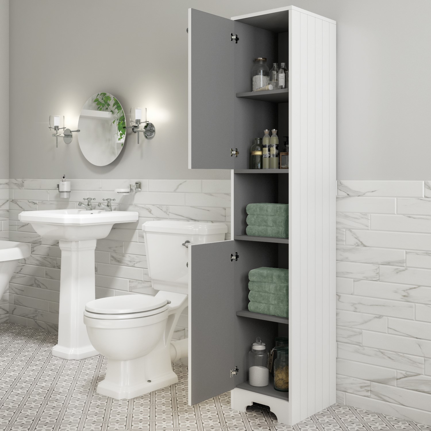Traditional Tall Boy Bathroom Cabinet Doors Shelves Matt