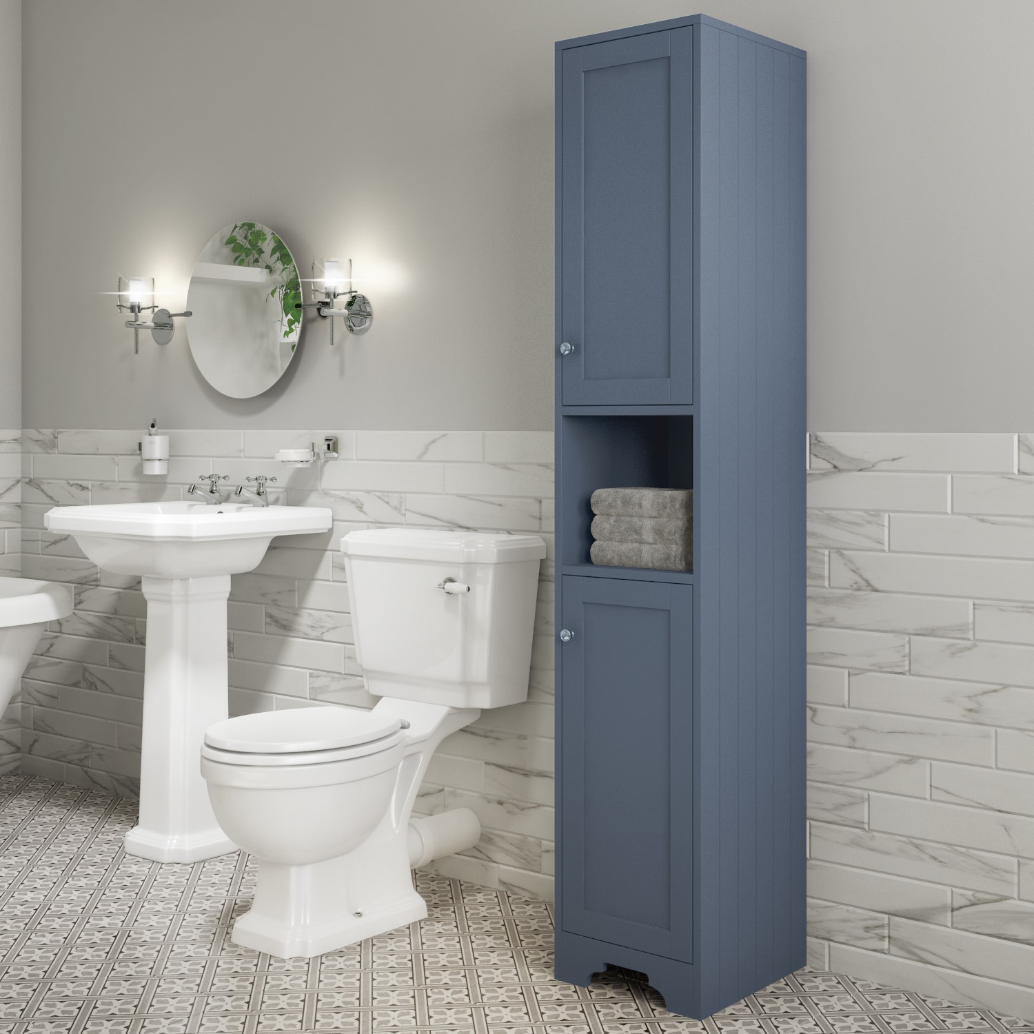 Blue Freestanding Tall Bathroom Cabinet 350mm - Baxenden - Better Bathrooms
