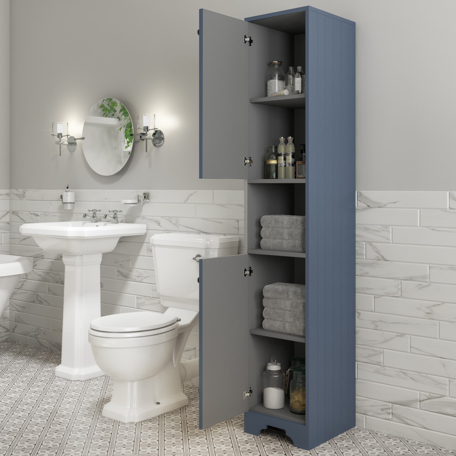 350mm Blue Floor Standing Tall Bathroom, Mirrored Floor Standing Bathroom Cabinet