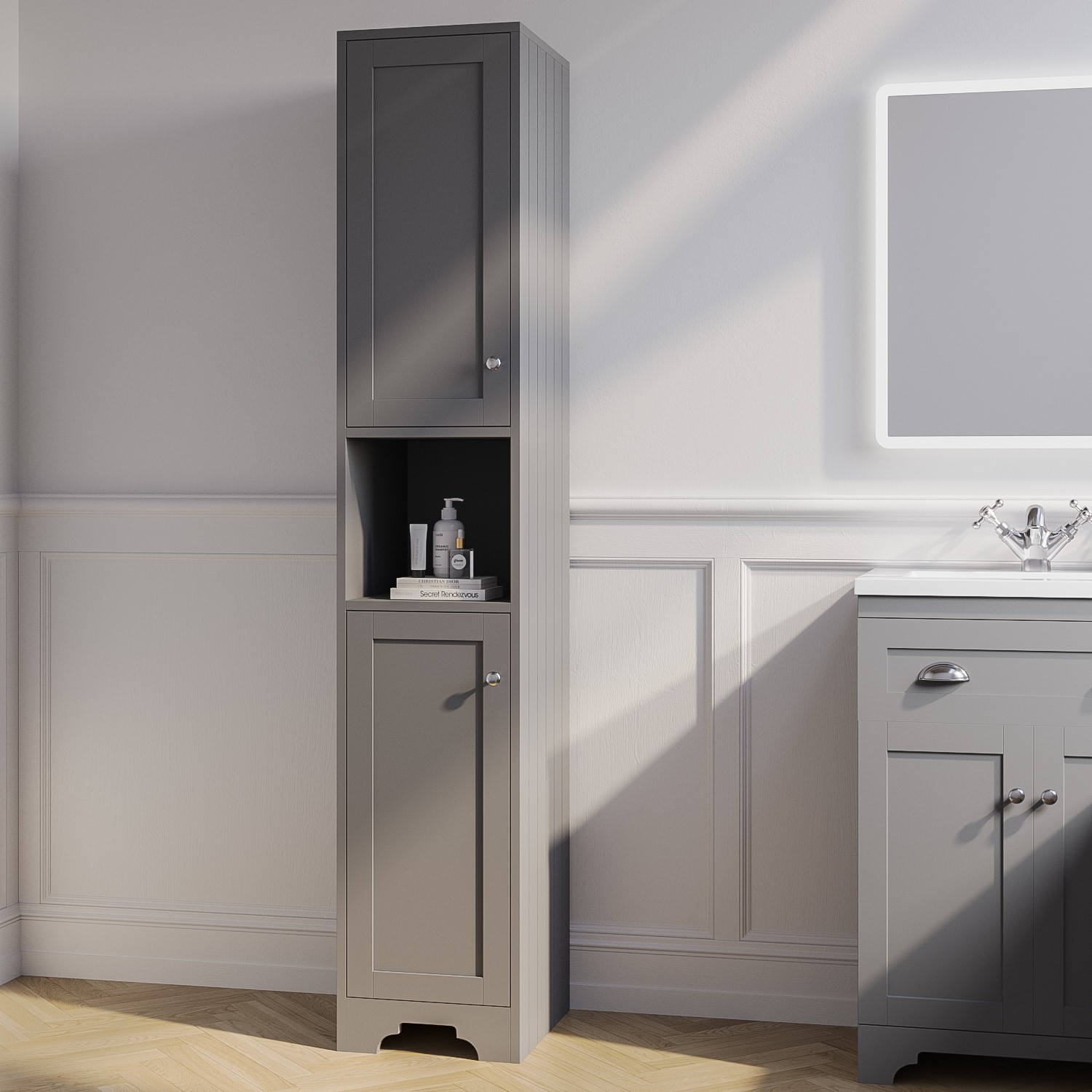 Grey Freestanding Tall Bathroom Cabinet 350mm - Baxenden - Better Bathrooms