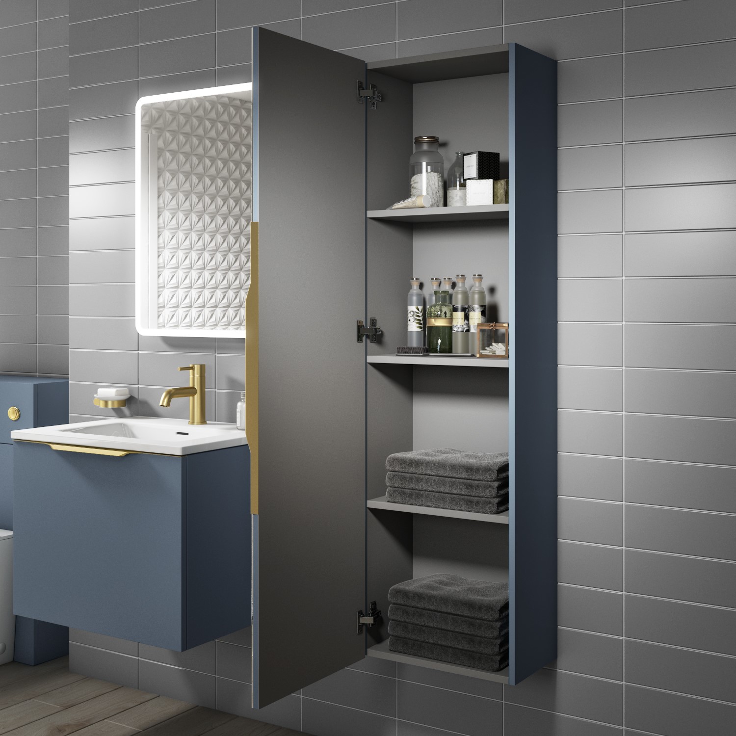 Single Door Blue Mirrored Wall Mounted Tall Bathroom Cabinet 400 X 1400mm Sion Better Bathrooms