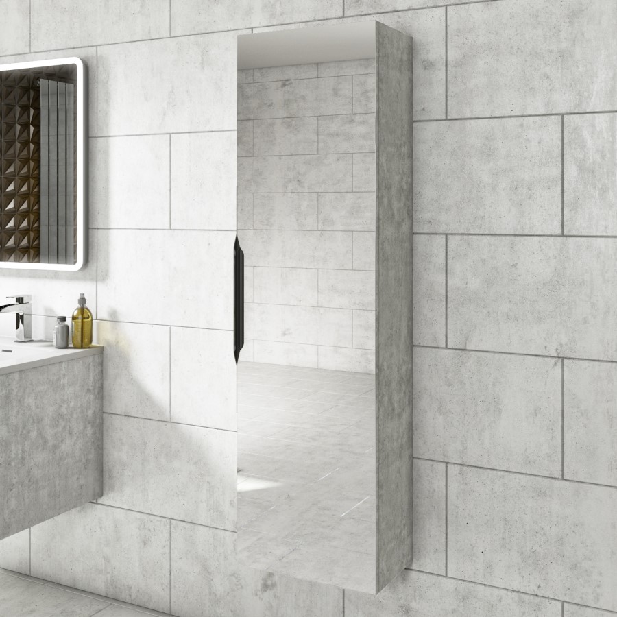 GRADE A1 - 400mm Concrete Mirrored Wall Mounted Tall Bathroom Cabinet - Sion