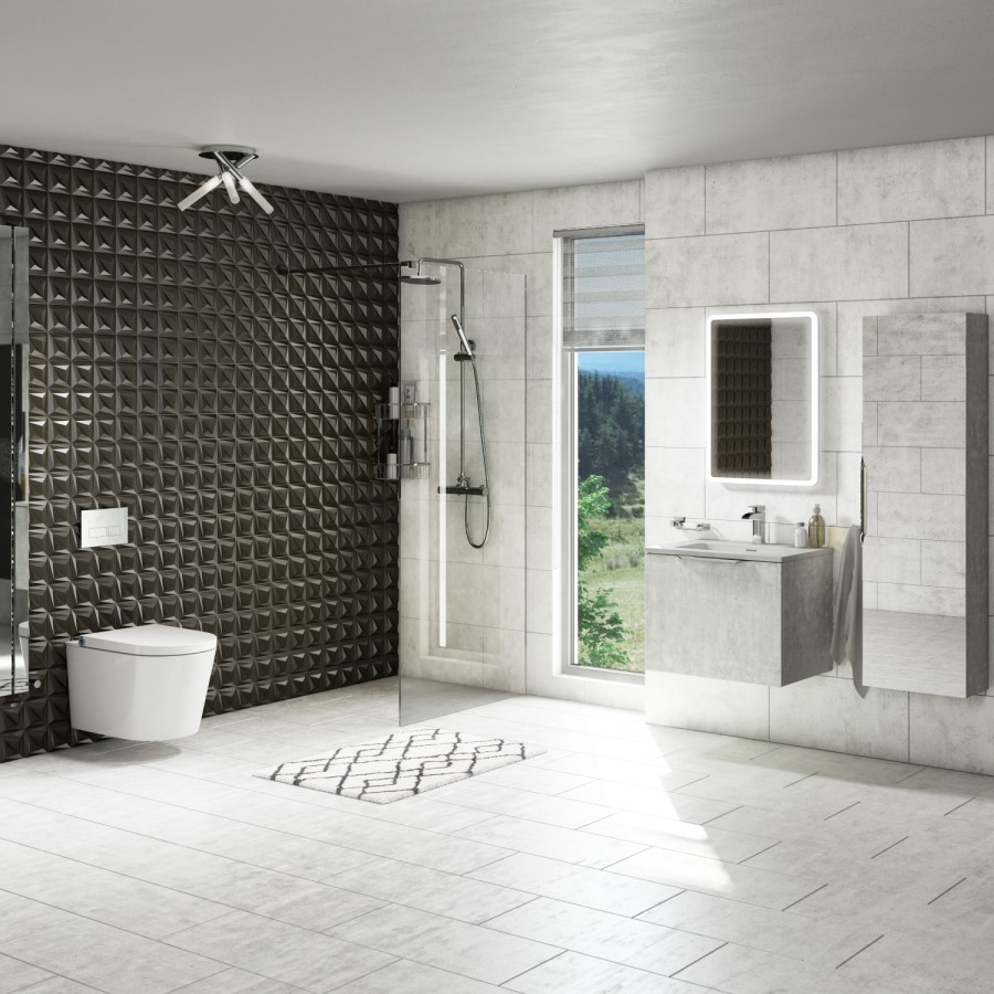 GRADE A1 - 400mm Concrete Mirrored Wall Mounted Tall Bathroom Cabinet - Sion