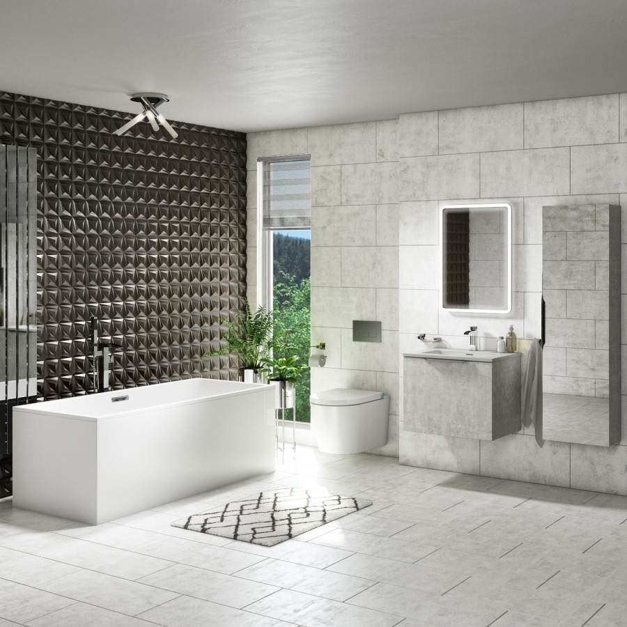 GRADE A1 - 400mm Concrete Mirrored Wall Mounted Tall Bathroom Cabinet - Sion