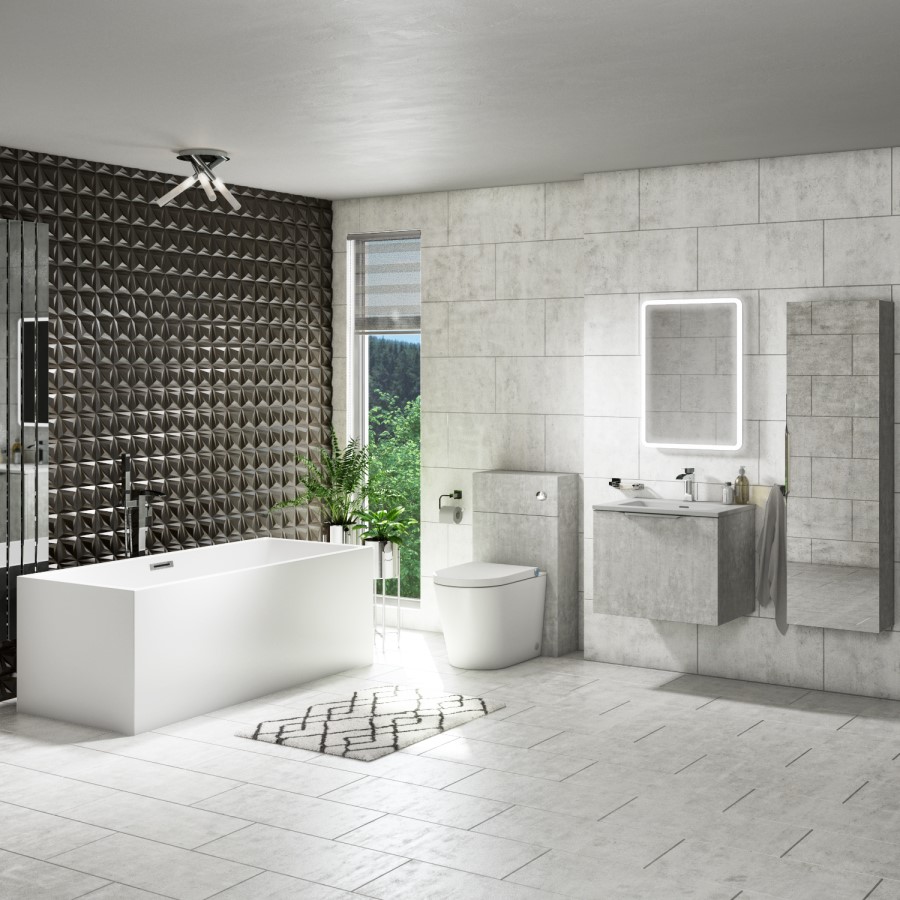 GRADE A1 - 400mm Concrete Mirrored Wall Mounted Tall Bathroom Cabinet - Sion