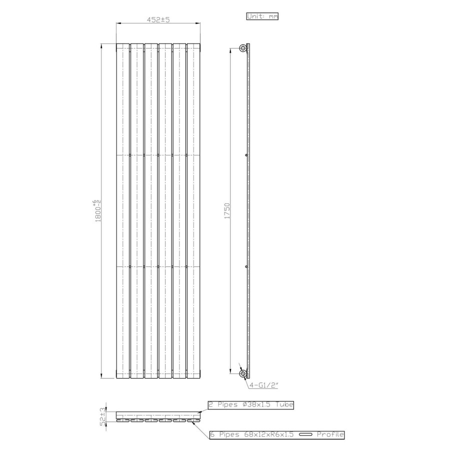 Single Panel Anthracite Vertical Living Room Radiator - 1800mm x 452mm