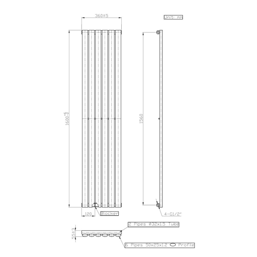 Anthracite Vertical Single Panel Radiator 1600 x 360mm - Margo