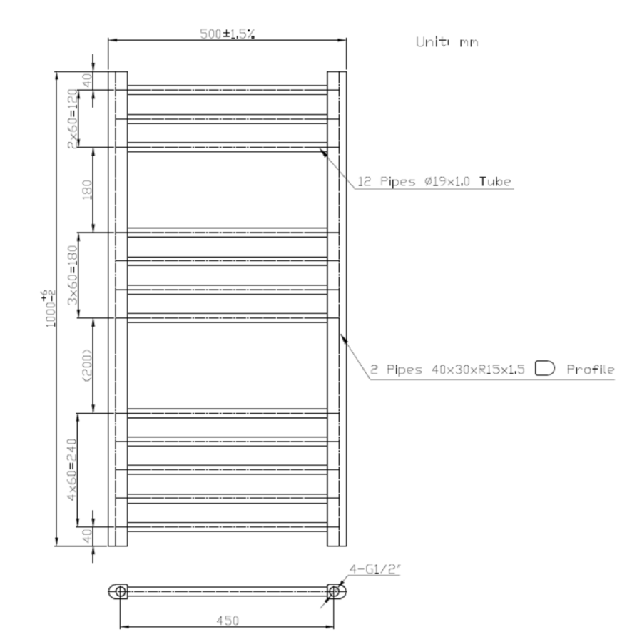 Chrome Heated Towel Rail Radiator 1000 x 500mm - Sahara