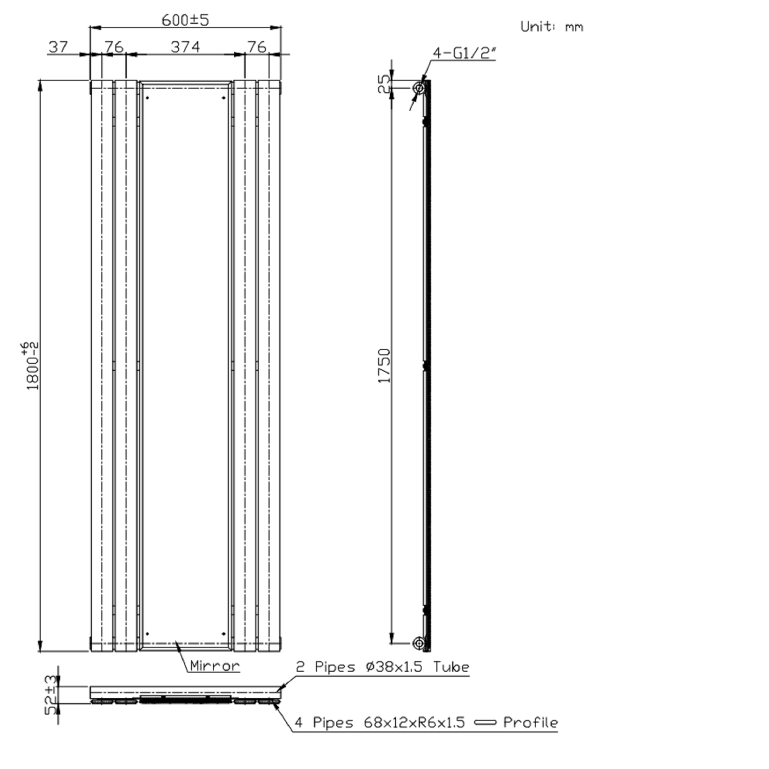 Tanami Radiator Anthracite Vertical Single Panel Radiator with Mirror 1800 x 600mm ...
