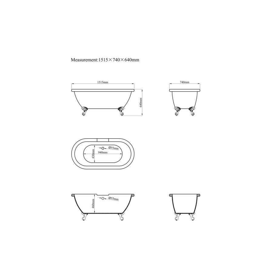 Park Royal Freestanding Bath Double Ended Roll Top - 1500 x 740mm