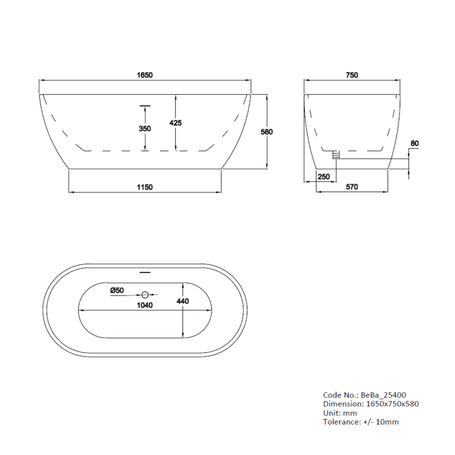 Matt White Freestanding Double Ended Bath 1645 x 745mm - Lisbon