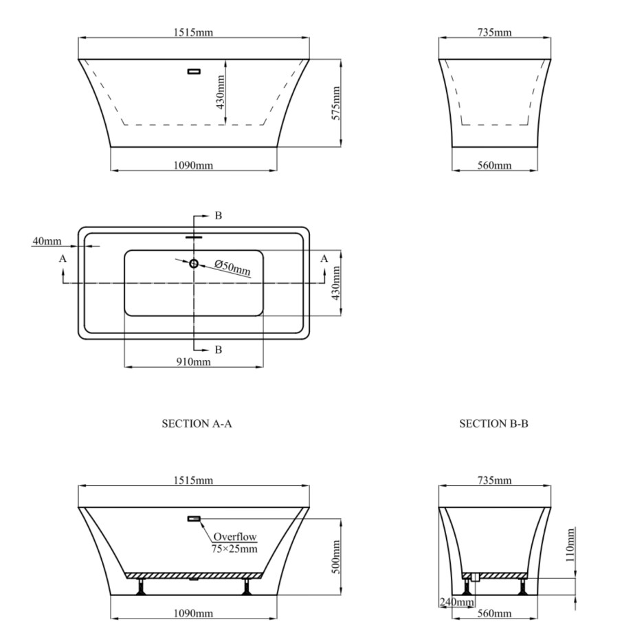 Freestanding Double Ended Bath 1515 x 735mm Seattle Better Bathrooms