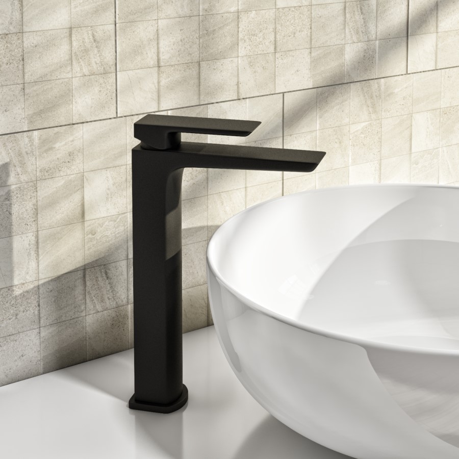 GRADE A2 - Zana Square Single Lever Tall Basin Mixer Tap - Black