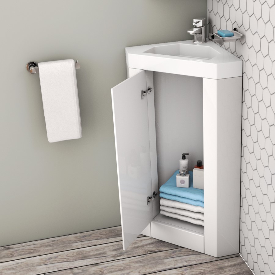 GRADE A2 - 400mm Corner Vanity Unit with Basin - Single Door- White - Apollo