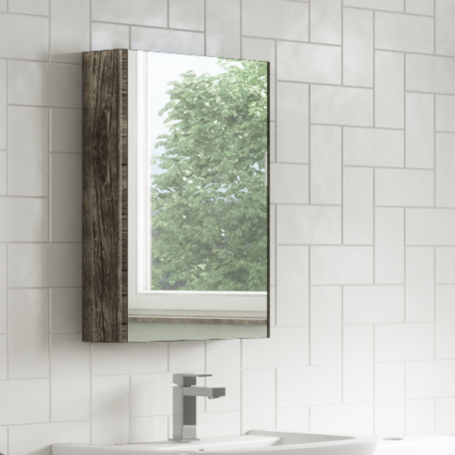 GRADE A1 400mm Wall Hung Mirrored Bathroom Grey Wood