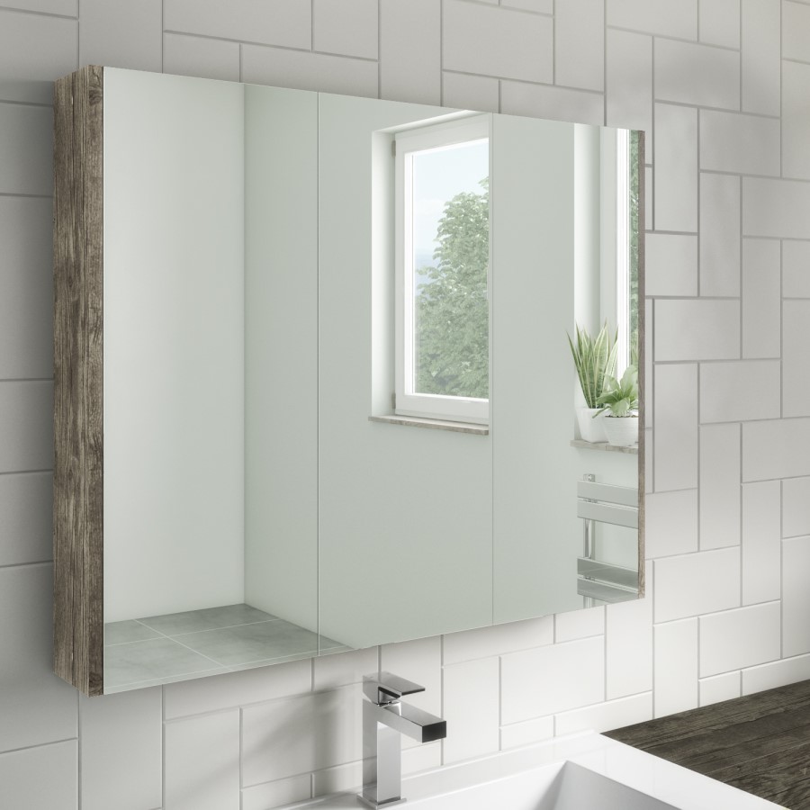Wood Effect 3 Door Mirrored Bathroom Cabinet 800 x 650mm - Ashford