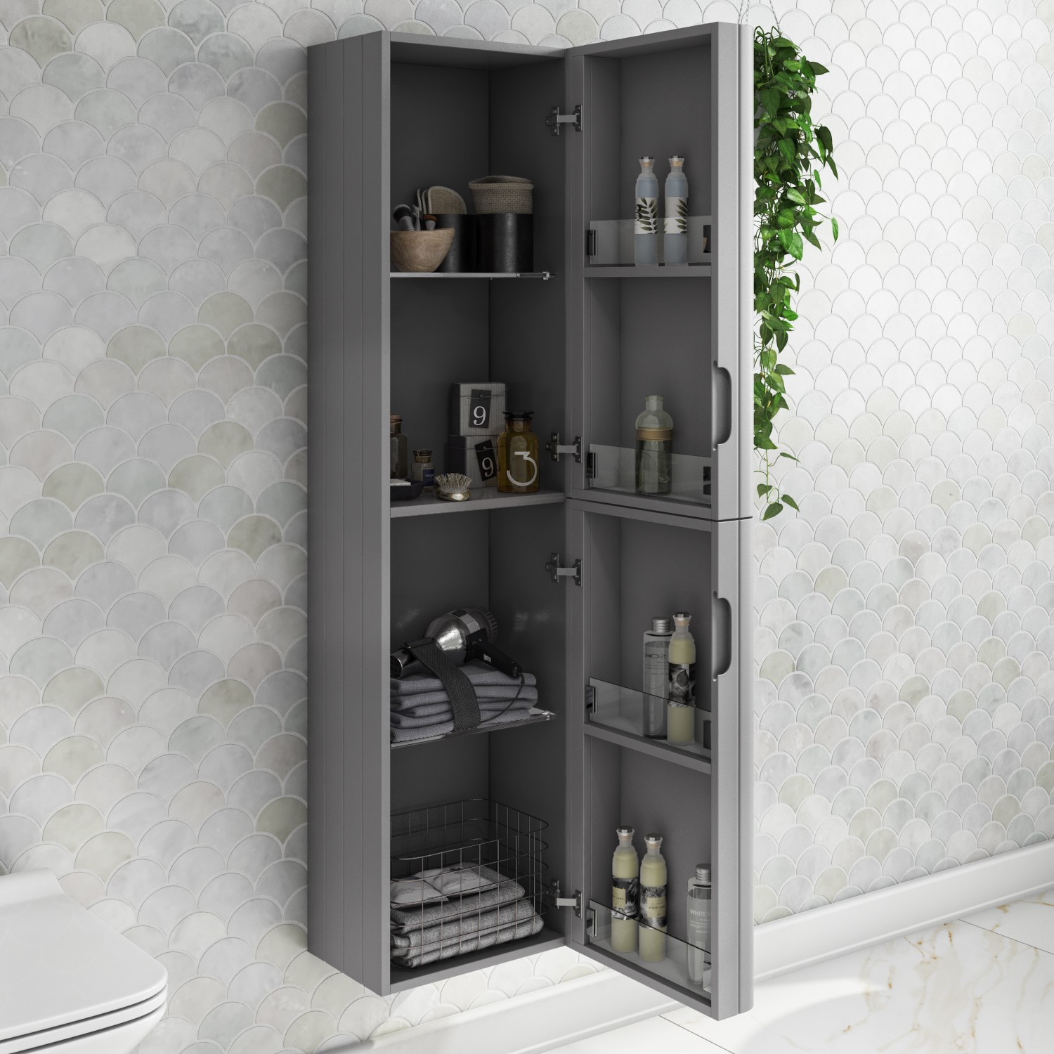 Double Door Grey Wall Mounted Tall Bathroom Cabinet 350 X 1400mm Empire Better Bathrooms