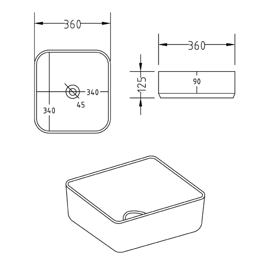 Black Square Countertop Basin and Waste 360mm - Augusta