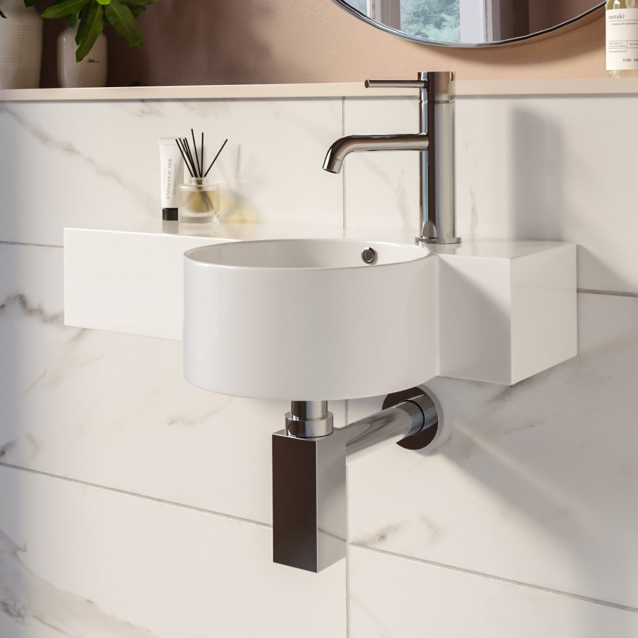 ONLY OPENED - Gloss White Round 550mm Wall Hung Basin with Shelf - Alcor