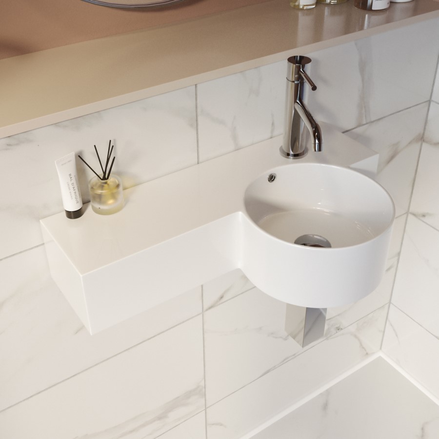 ONLY OPENED - Gloss White Round 550mm Wall Hung Basin with Shelf - Alcor