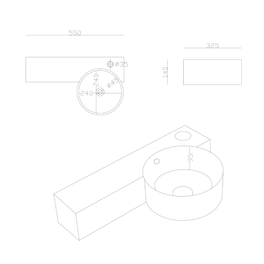 ONLY OPENED - Gloss White Round 550mm Wall Hung Basin with Shelf - Alcor